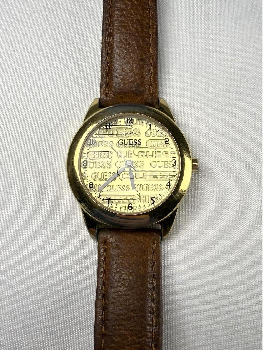 GUESS Vintage VTG Women’s Watch Gold Dial Brown Leather Band Loose Back Plate